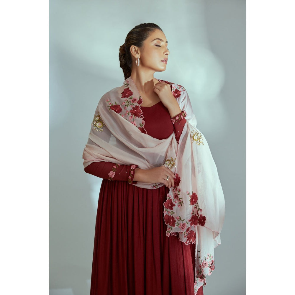 Suruchi Parakh Womens Maroon Solid Anarkali Kurta with Dupatta (Set of 2)