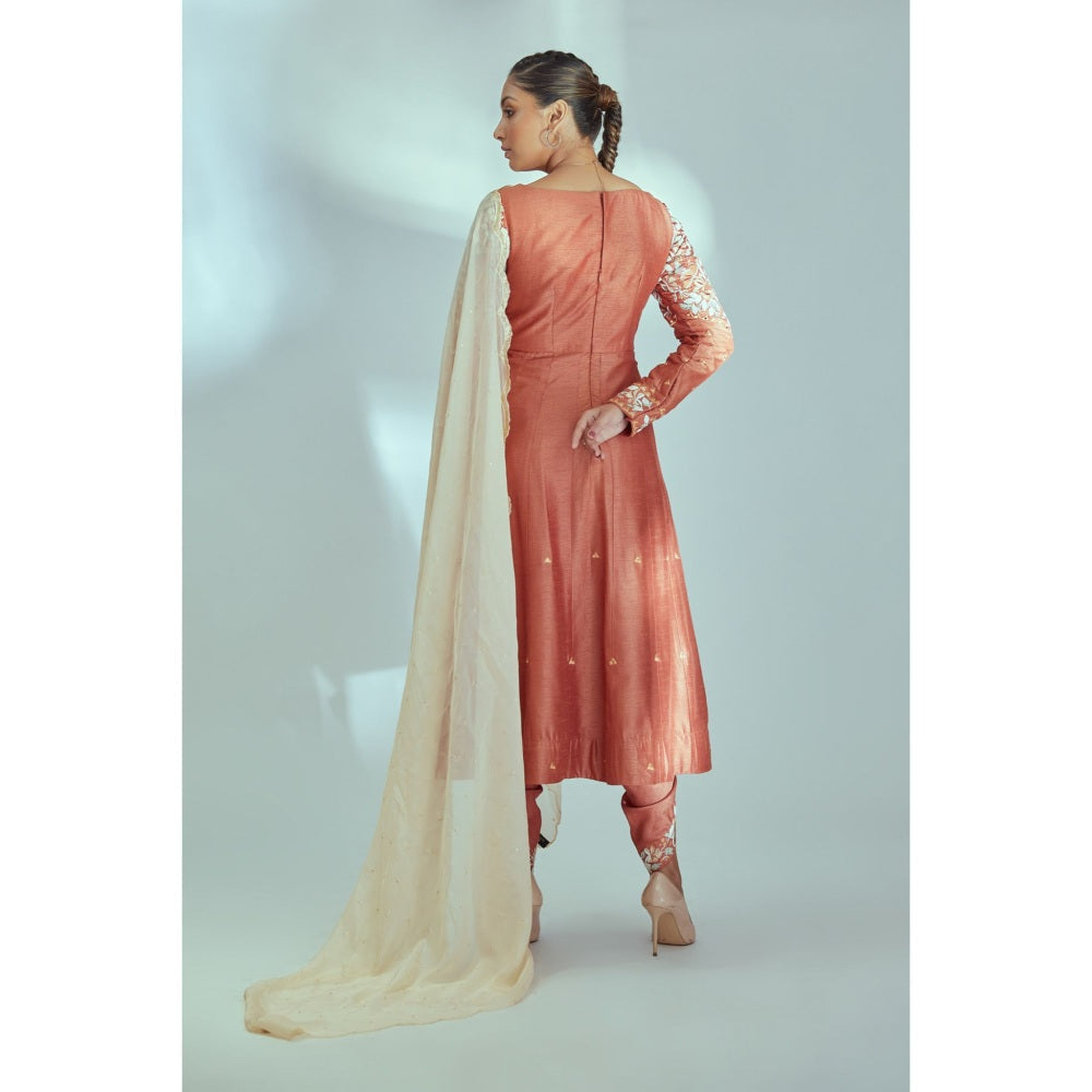 Suruchi Parakh Womens Rust Embellished Anarkali Kurta with Pant and Dupatta (Set of 3)