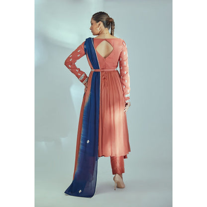 Suruchi Parakh Womens Rust Embroidered Anarkali Kurta with Pant and Dupatta (Set of 3)