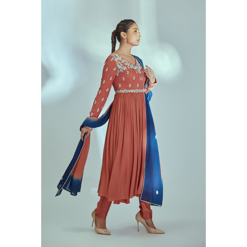 Suruchi Parakh Womens Rust Embroidered Anarkali Kurta with Pant and Dupatta (Set of 3)