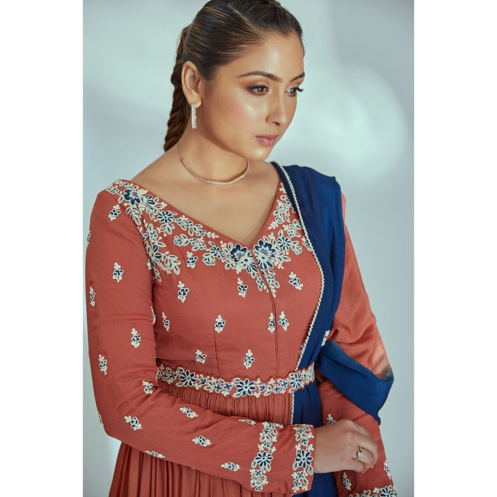 Suruchi Parakh Womens Rust Embroidered Anarkali Kurta with Pant and Dupatta (Set of 3)
