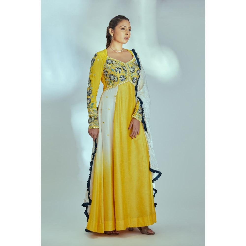 Suruchi Parakh Womens Yellow Embroidered Anarkali Kurta and Dupatta (Set of 2)