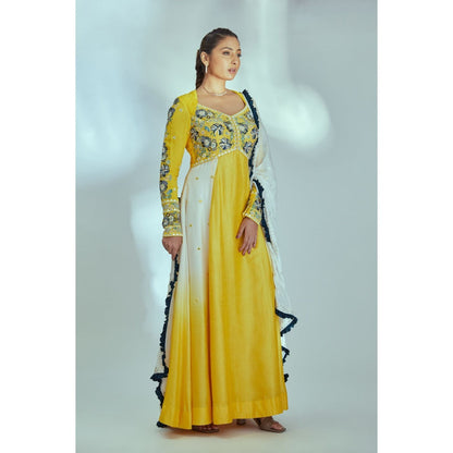 Suruchi Parakh Womens Yellow Embroidered Anarkali Kurta and Dupatta (Set of 2)