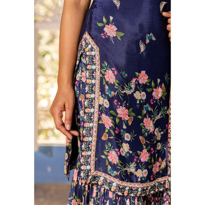 Suruchi Parakh Womens Navy Blue Embroidered Kurta with Sharara and Dupatta (Set of 3)