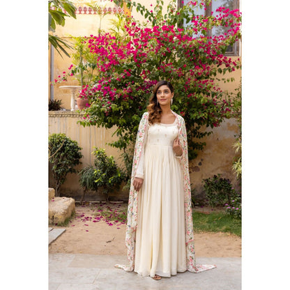 Suruchi Parakh Womens Cream Embroidered Anarkali Kurta and Dupatta (Set of 2)
