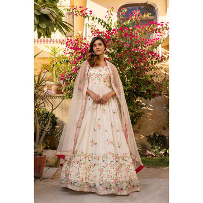 Suruchi Parakh Womens Cream Floral Print Anarkali Kurta and Dupatta (Set of 2)