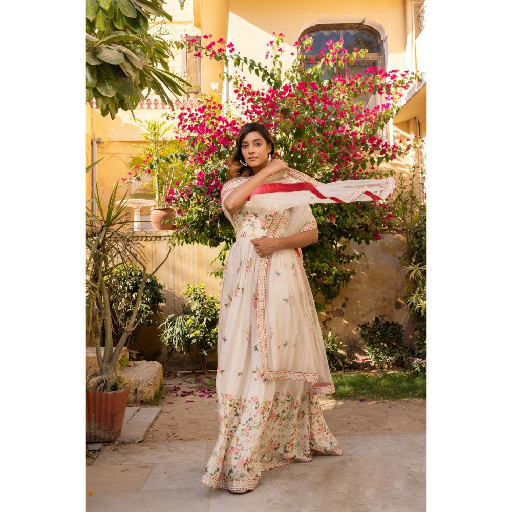 Suruchi Parakh Womens Cream Floral Print Anarkali Kurta and Dupatta (Set of 2)