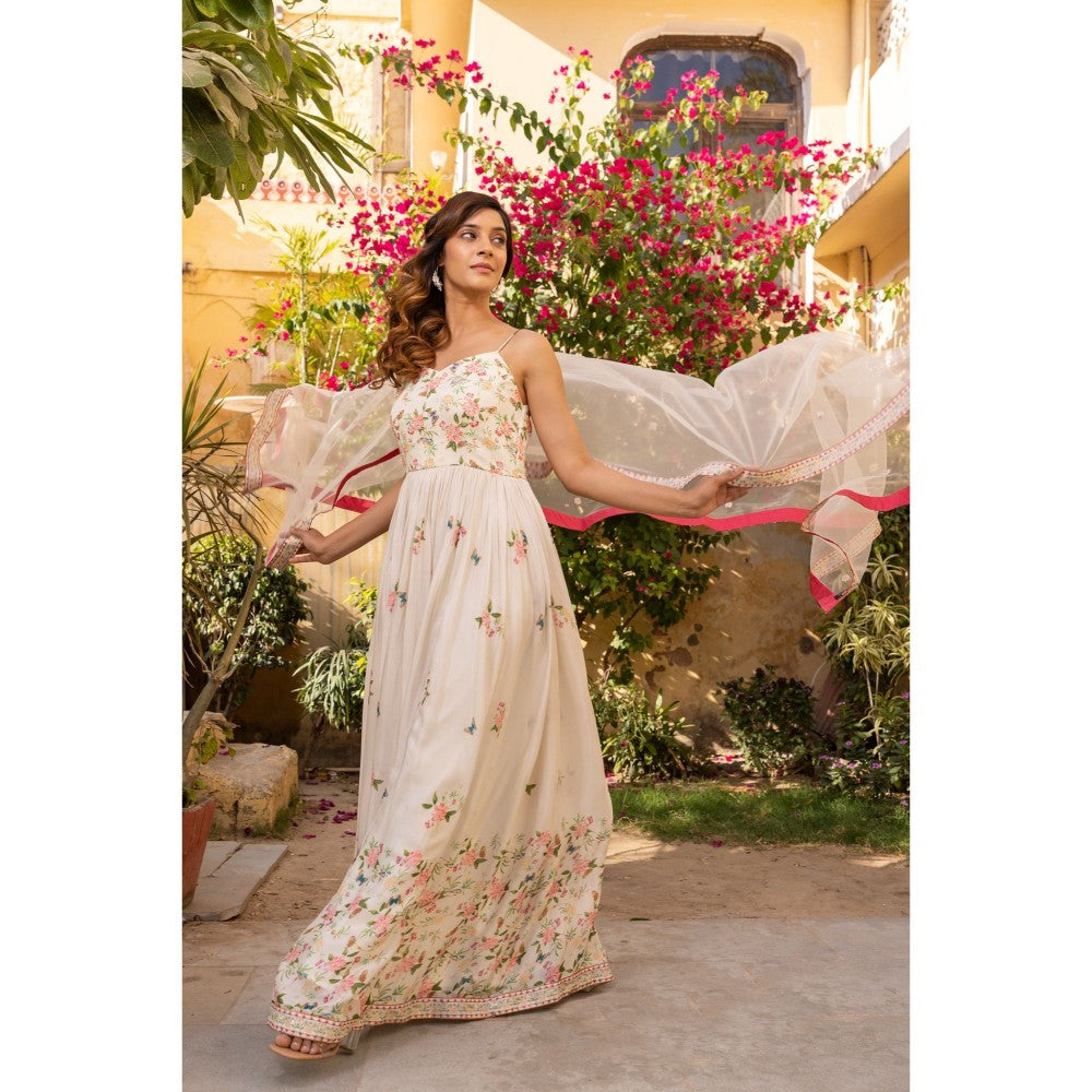 Suruchi Parakh Womens Cream Floral Print Anarkali Kurta and Dupatta (Set of 2)
