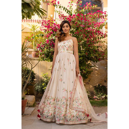 Suruchi Parakh Womens Cream Floral Print Anarkali Kurta and Dupatta (Set of 2)
