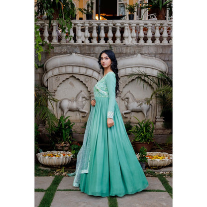 Suruchi Parakh Womens Green Floral Print Anarkali Kurta and Dupatta (Set of 2)
