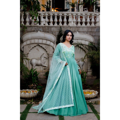 Suruchi Parakh Womens Green Floral Print Anarkali Kurta and Dupatta (Set of 2)