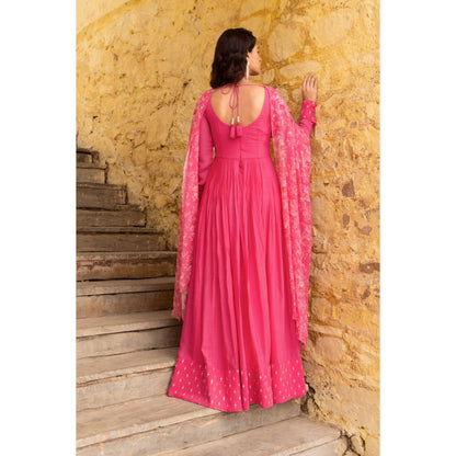 Suruchi Parakh Womens Pink Floral Print Anarkali Kurta and Dupatta (Set of 2)