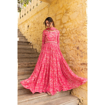 Suruchi Parakh Womens Pink Embellished Anarkali Kurta and Dupatta (Set of 2)