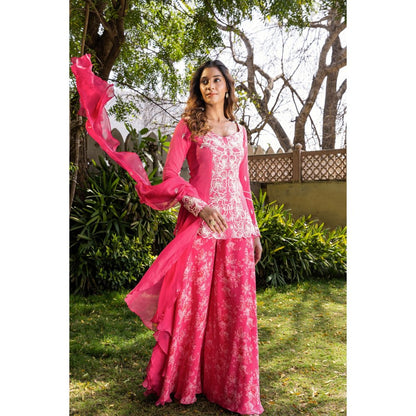 Suruchi Parakh Womens Pink Embellished Kurti with Palazzo and Dupatta (Set of 3)