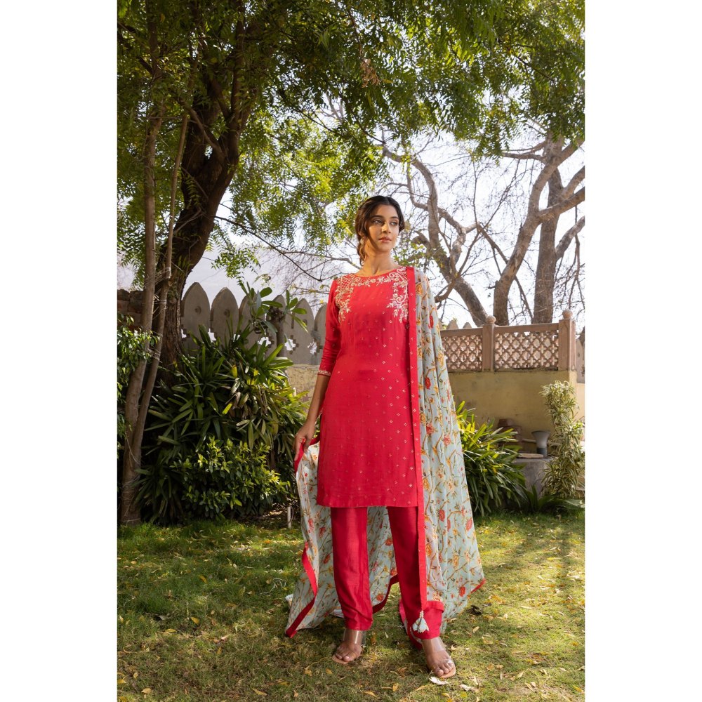 Suruchi Parakh Womens Pink Embroidered Kurta with Pant and Dupatta (Set of 3)