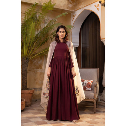 Suruchi Parakh Womens Brown Solid Anarkali Kurta and Dupatta (Set of 2)