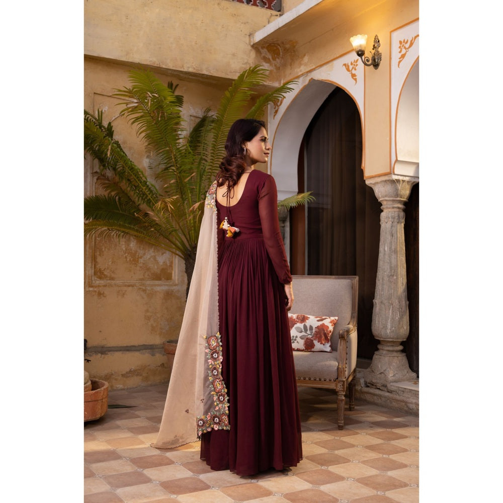 Suruchi Parakh Womens Brown Solid Anarkali Kurta and Dupatta (Set of 2)