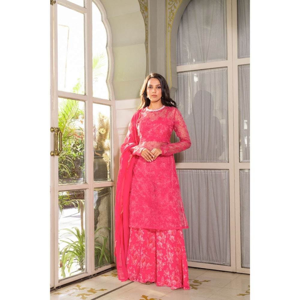 Suruchi Parakh Womens Pink Floral Print Kurta with Bustier and Palazzo Dupatta (Set of 4)