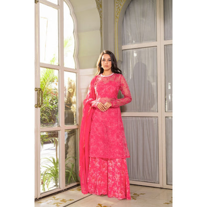 Suruchi Parakh Womens Pink Floral Print Kurta with Bustier and Palazzo Dupatta (Set of 4)
