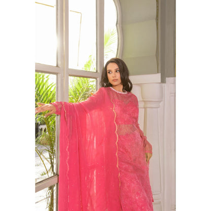 Suruchi Parakh Womens Pink Floral Print Kurta with Bustier and Palazzo Dupatta (Set of 4)