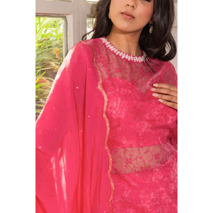 Suruchi Parakh Womens Pink Floral Print Kurta with Bustier and Palazzo Dupatta (Set of 4)