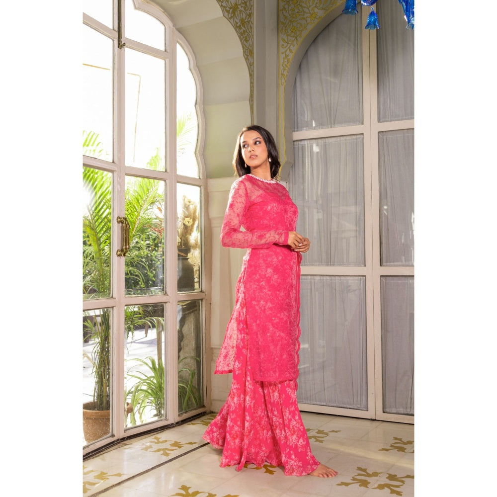 Suruchi Parakh Womens Pink Floral Print Kurta with Bustier and Palazzo Dupatta (Set of 4)