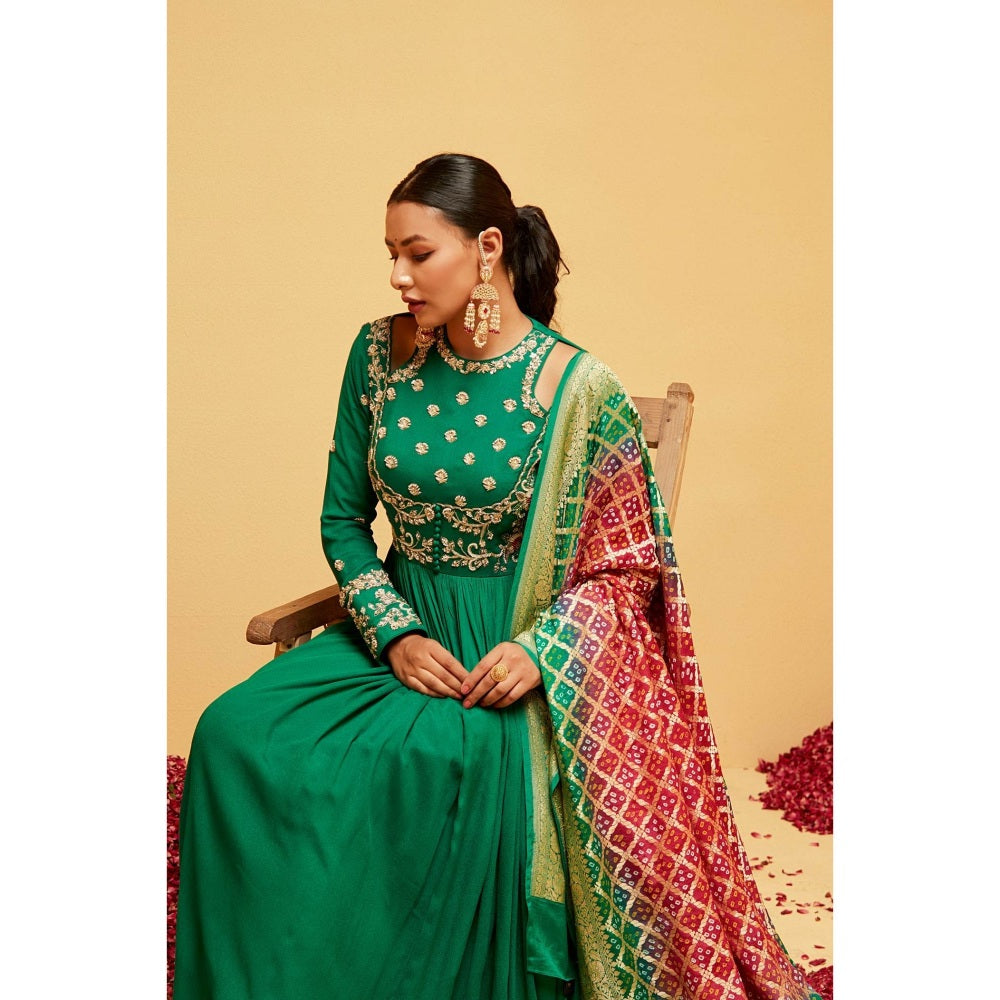 Suruchi Parakh Womens Green Embellished Anarkali Kurta with Pant and Dupatta (Set of 3)