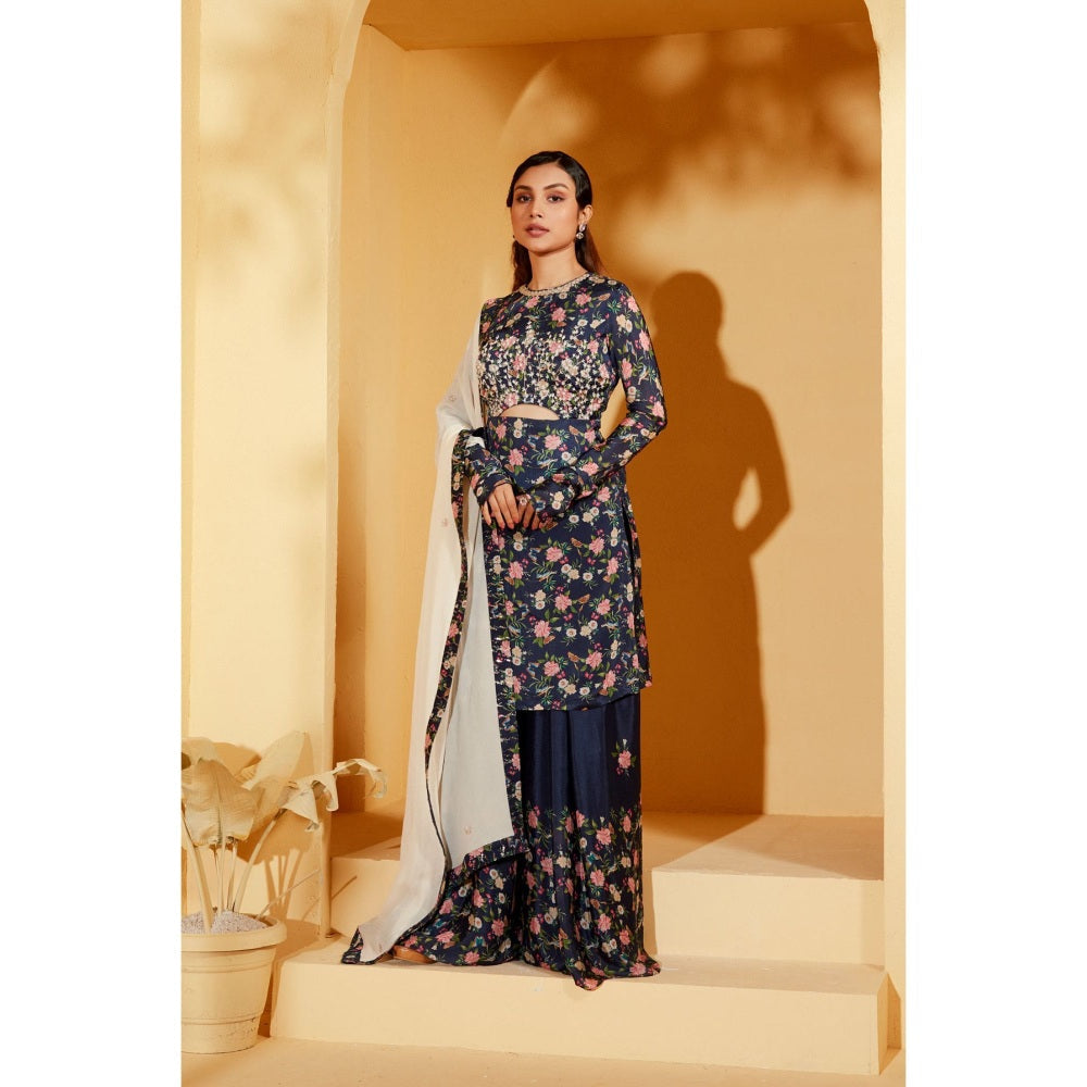 Suruchi Parakh Womens Navy Blue Floral Print Sharara with Kurta and Dupatta (Set of 3)