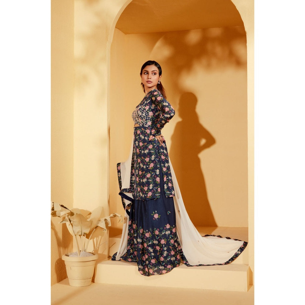 Suruchi Parakh Womens Navy Blue Floral Print Sharara with Kurta and Dupatta (Set of 3)