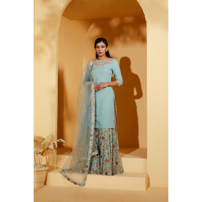 Suruchi Parakh Womens Blue Floral Print Sharara with Kurta and Dupatta (Set of 3)