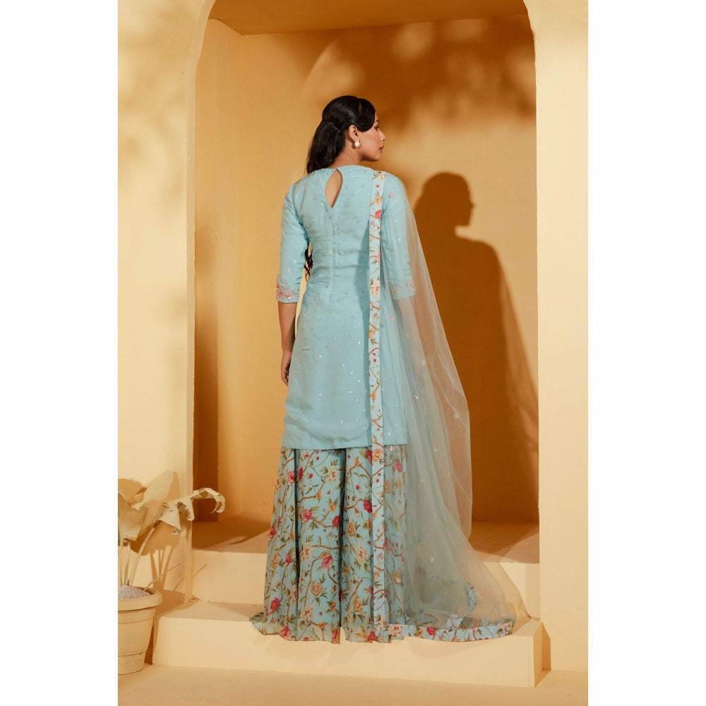 Suruchi Parakh Womens Blue Floral Print Sharara with Kurta and Dupatta (Set of 3)