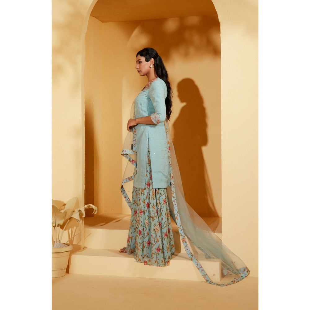 Suruchi Parakh Womens Blue Floral Print Sharara with Kurta and Dupatta (Set of 3)