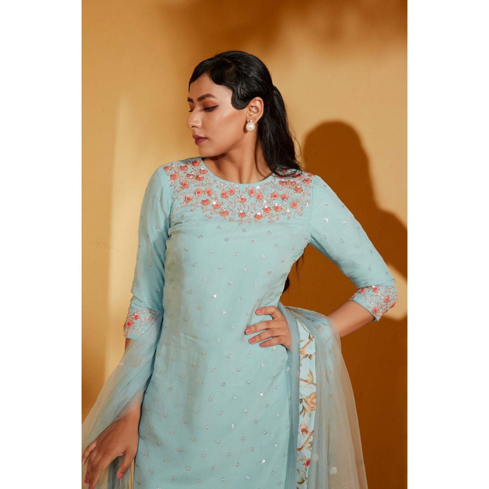 Suruchi Parakh Womens Blue Floral Print Sharara with Kurta and Dupatta (Set of 3)