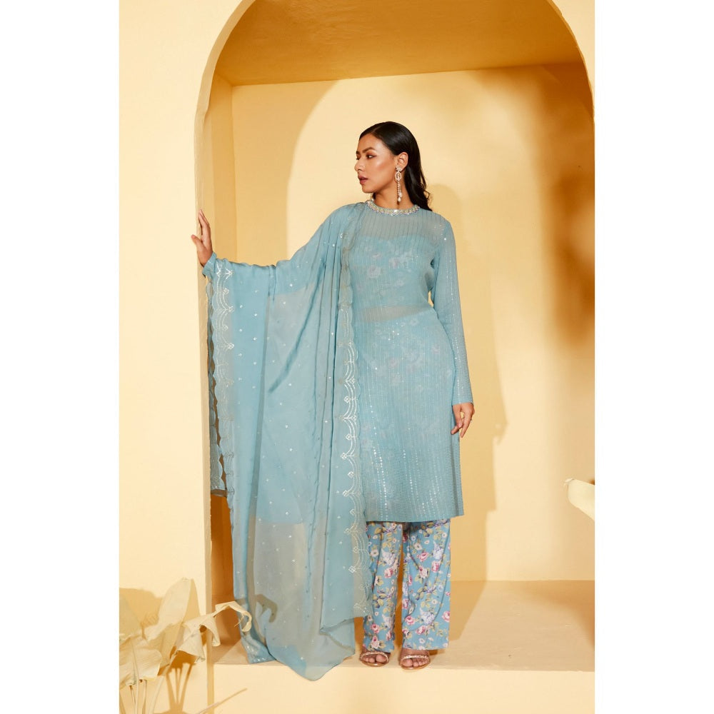 Suruchi Parakh Womens Blue Floral Print Kurta with Bustier and Pant Dupatta (Set of 4)
