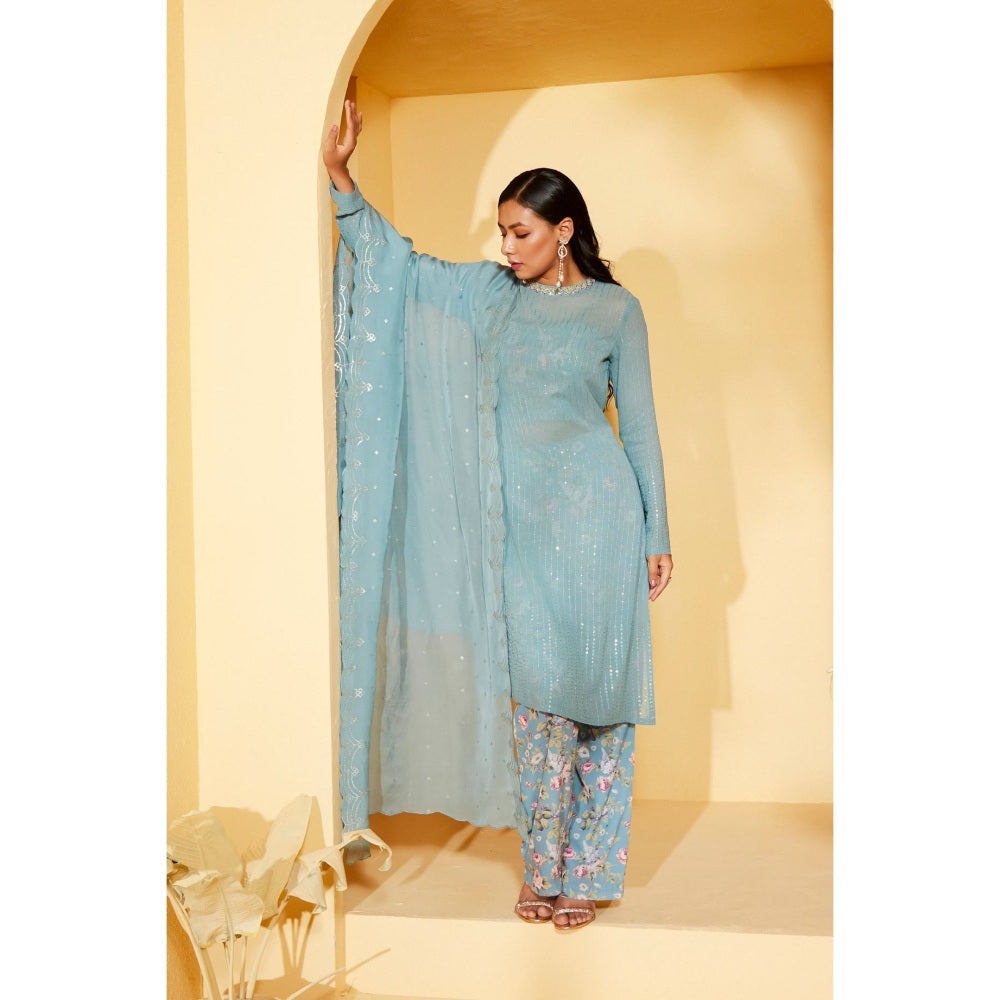 Suruchi Parakh Womens Blue Floral Print Kurta with Bustier and Pant Dupatta (Set of 4)