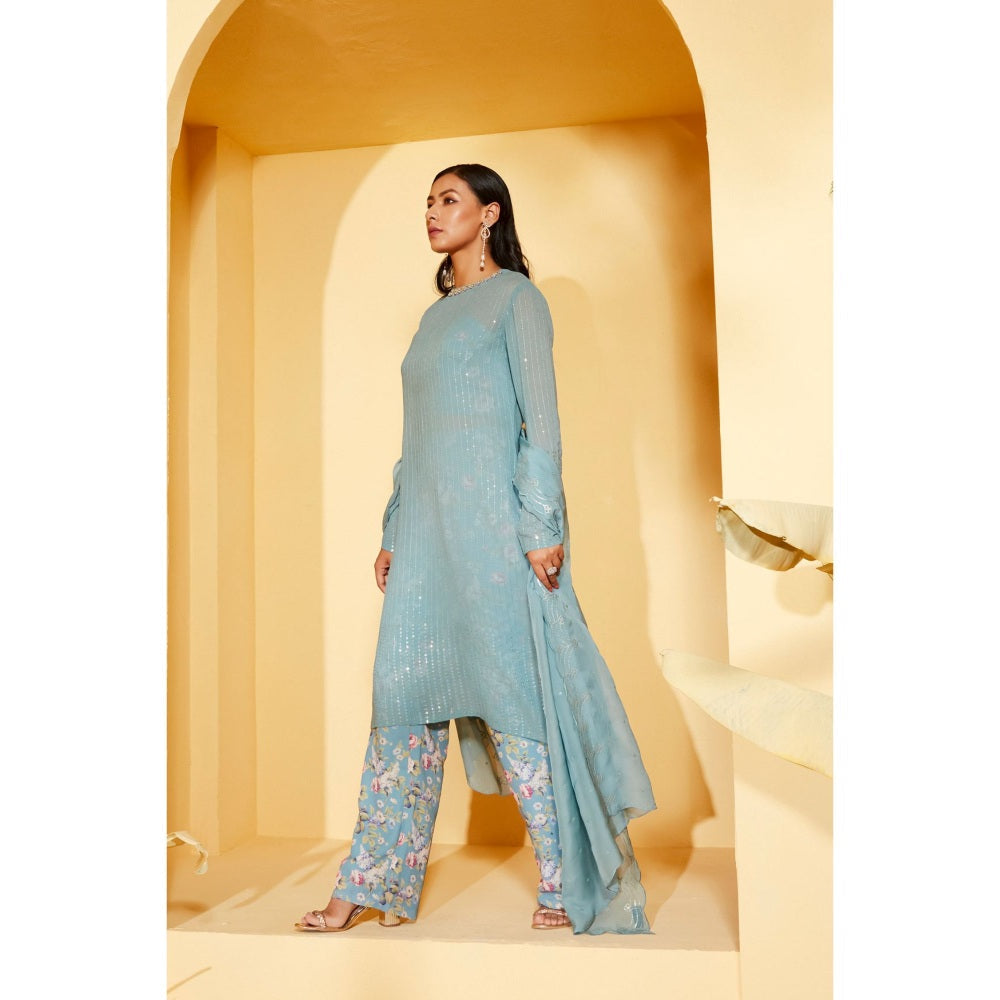 Suruchi Parakh Womens Blue Floral Print Kurta with Bustier and Pant Dupatta (Set of 4)