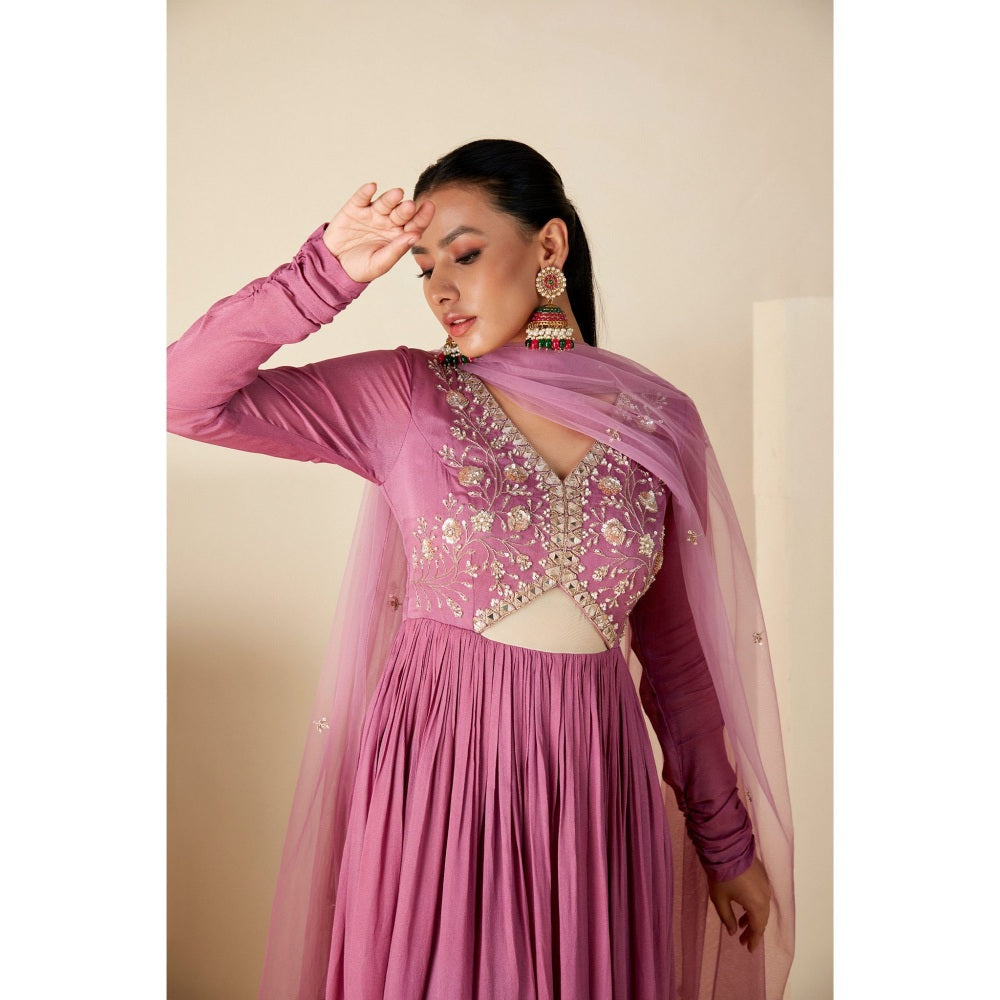 Suruchi Parakh Womens Mauve Mirror Work Anarkali Kurta and Dupatta (Set of 2)