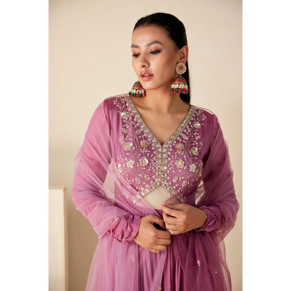 Suruchi Parakh Womens Mauve Mirror Work Anarkali Kurta and Dupatta (Set of 2)