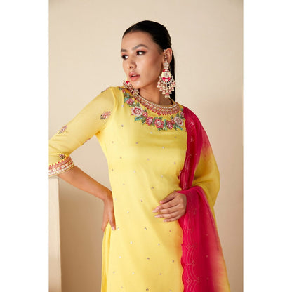 Suruchi Parakh Yellow Embroidered Kurta with Sharara and Dupatta (Set of 3)