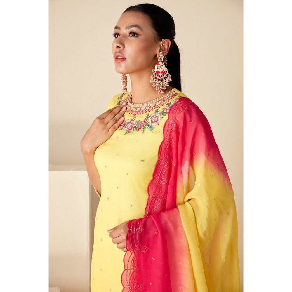 Suruchi Parakh Yellow Embroidered Kurta with Sharara and Dupatta (Set of 3)