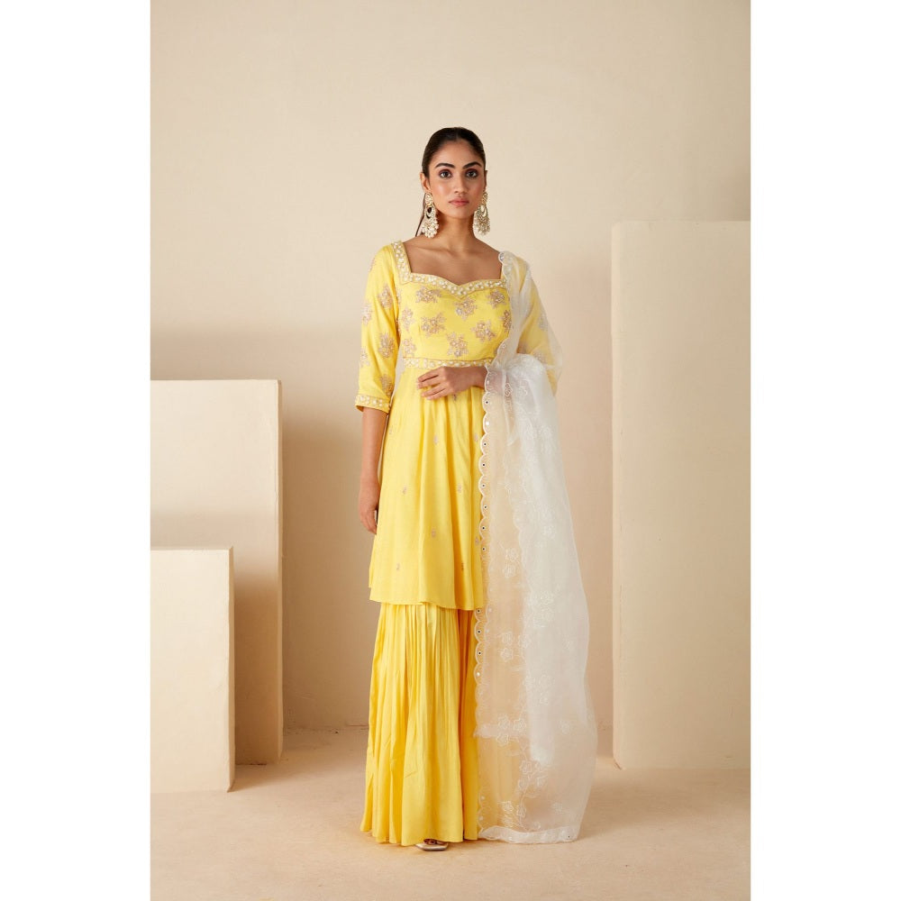 Suruchi Parakh Womens Yellow Embellished Kurta with Sharara and Dupatta (Set of 3)