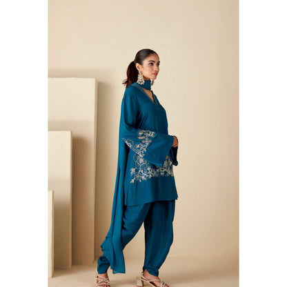Suruchi Parakh Womens Teal Embroidered Kurta with Dhoti and Dupatta (Set of 3)