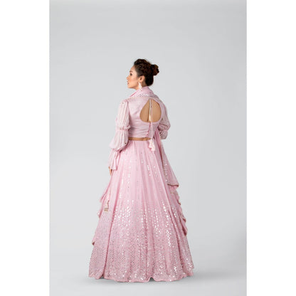 Suruchi Parakh Womens Pink Mirror Work Blouse with Lehenga and Dupatta (Set of 3)