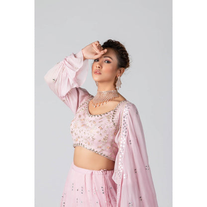 Suruchi Parakh Womens Pink Mirror Work Blouse with Lehenga and Dupatta (Set of 3)