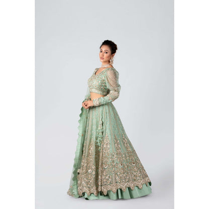 Suruchi Parakh Womens Green Embellished Blouse with Lehenga and Dupatta (Set of 3)