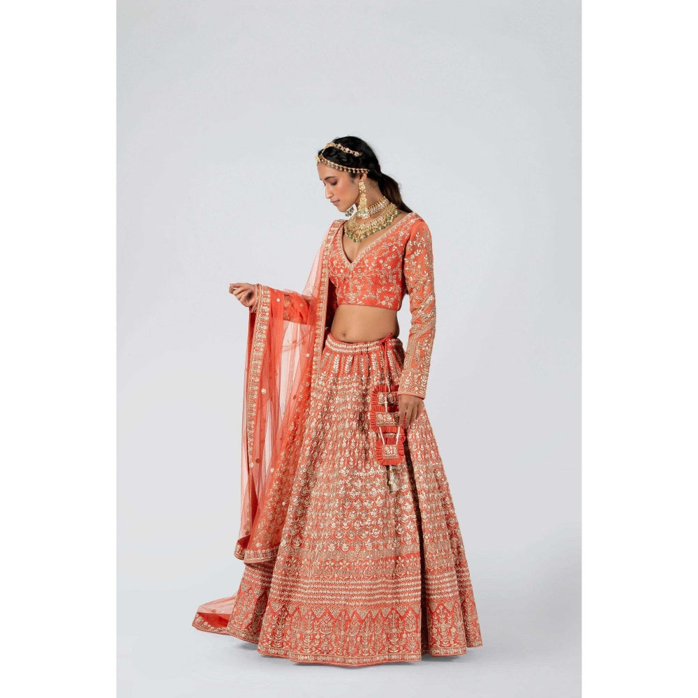 Suruchi Parakh Womens Orange Embellished Blouse with Lehenga and Dupatta (Set of 3)