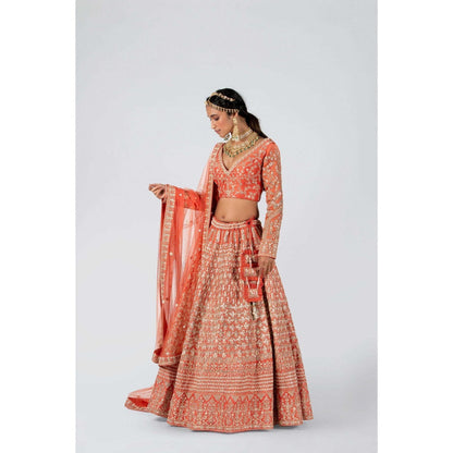 Suruchi Parakh Womens Orange Embellished Blouse with Lehenga and Dupatta (Set of 3)