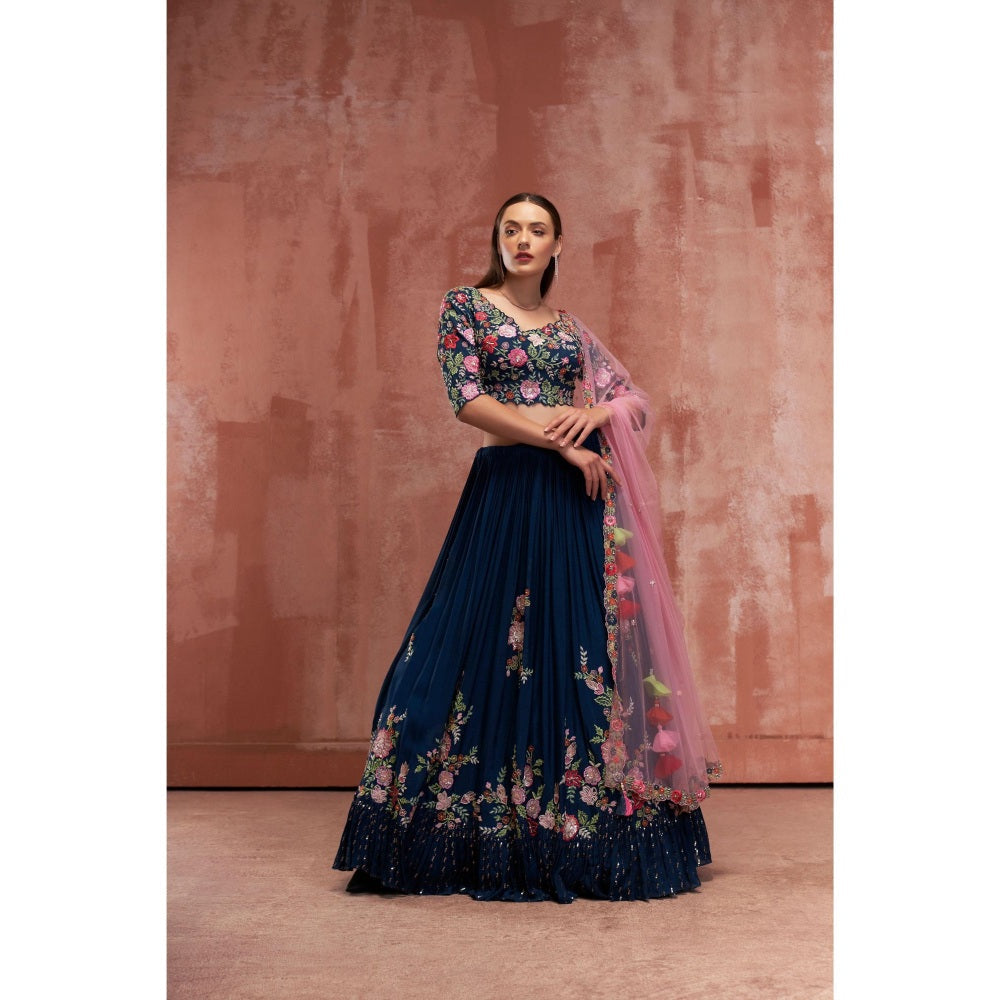 Suruchi Parakh Womens Navy Blue Embellished Blouse with Lehenga and Dupatta (Set of 3)