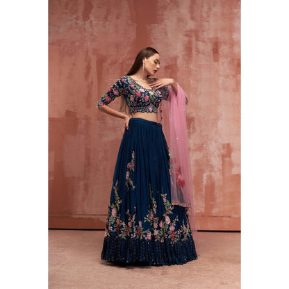Suruchi Parakh Womens Navy Blue Embellished Blouse with Lehenga and Dupatta (Set of 3)