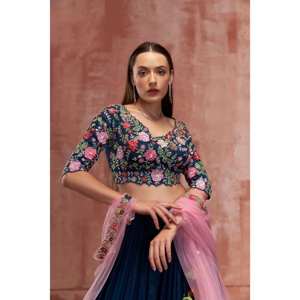 Suruchi Parakh Womens Navy Blue Embellished Blouse with Lehenga and Dupatta (Set of 3)